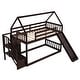 preview thumbnail 25 of 25, Wooden Modern Twin over Twin House Bunk Bed with Slide and Storage Staircase, Featuring a pitched roof and wall section.