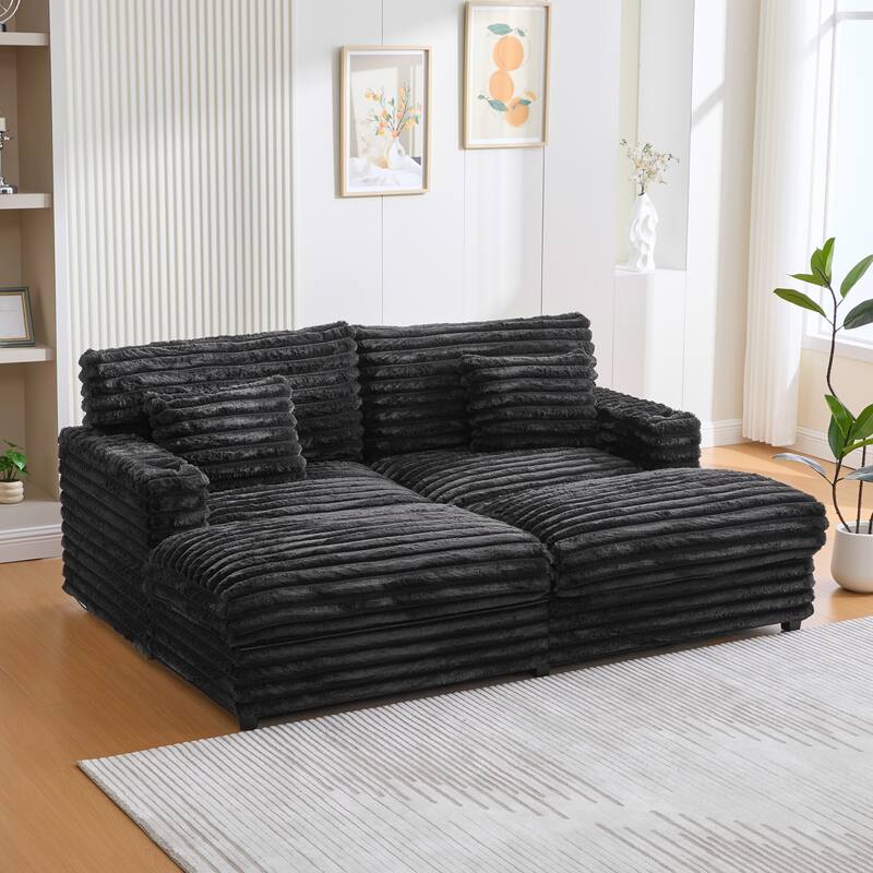 Oversized Double Chaise Lounge Sofa, Living Room 2 Seater Sofa Upholstered Sleeper Sofa Bed Daybed with USB Ports & Cup Holders