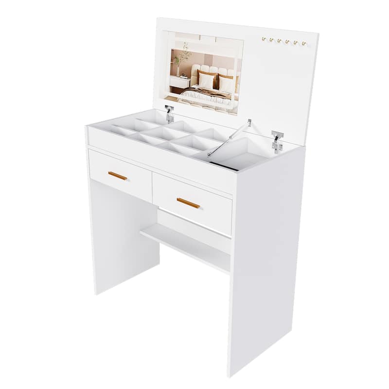 Flip Top Vanity Desk with Built-in LED Mirror, Outlet, 2 Drawers & Jewelry Hooks