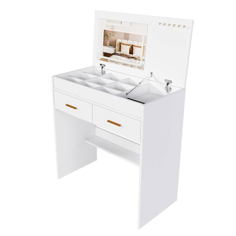 Vanity Desk with Flip Top LED Lighted Mirror & Power Outlet, Makeup Vanity Table with 2 Drawers, Open Storage & Jewelry Hooks