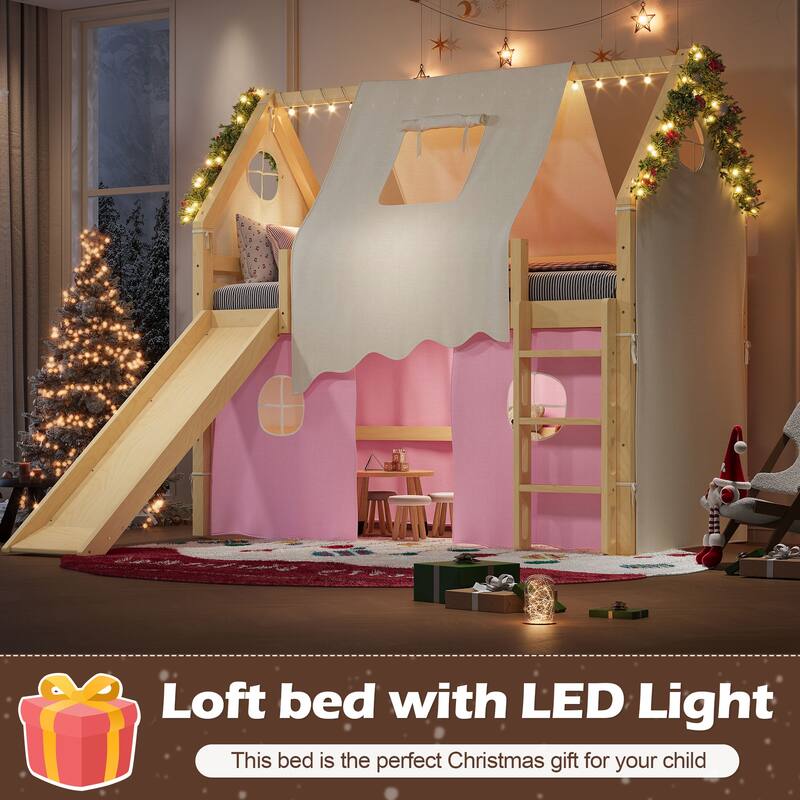 Roomfitters House Loft Bed with Slide and Tent, Solid Wood Frame with Lights