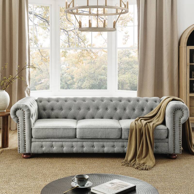 Chesterfield Sofa Tufted Upholstered PU 3-Seater Sofa - Grey