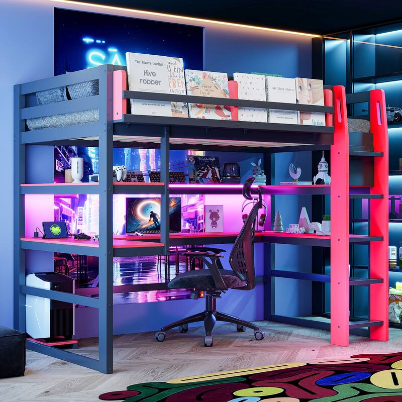 Loft Bed with Wraparound Study Hub, Side Storage Rack, USB Charging & RGB Light by Harper&Bright Designs