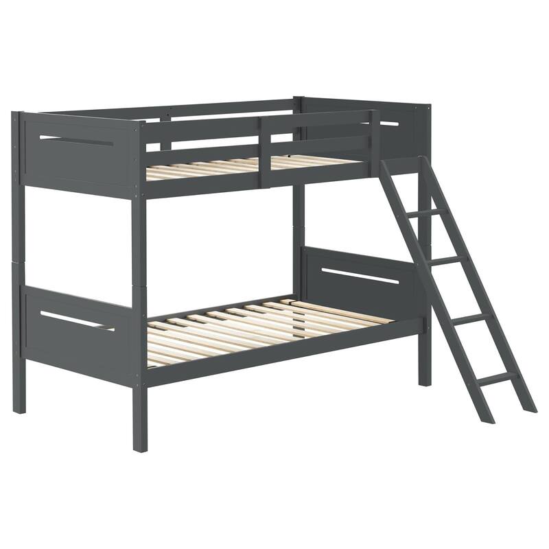 Twin over Twin Wood Bunk Bed with Built-in Ladder and Convertible to Two Single Beds