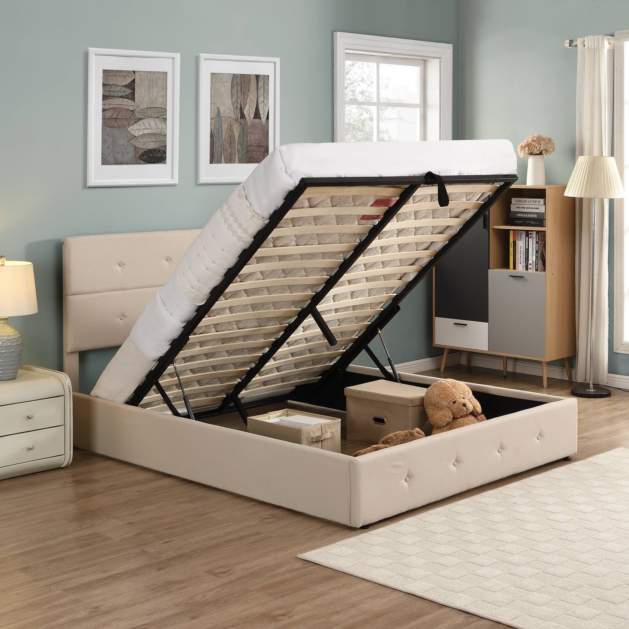 Queen Size Modern Upholstered Platform Bed With Underneath Storage,Spacesaving Functionality
