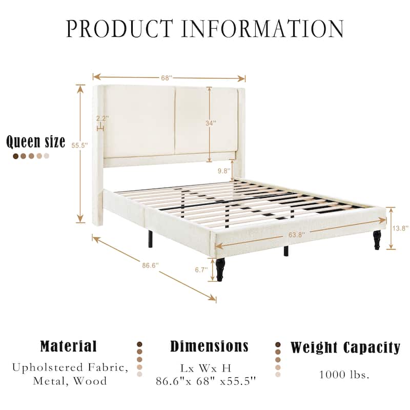 Queen Size Bed Frame with 55.5"High Back Upholstered Boucle Fabric Headboard - Beige