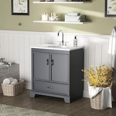 Single Bathroom Vanity With Two Door And Marble Surface Sink