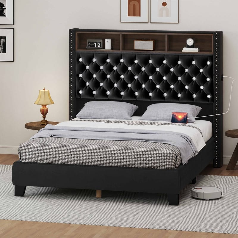Moasis King/Queen Size Velvet Upholstered Bed Frame with Storage Headboard with USB Charging Stations