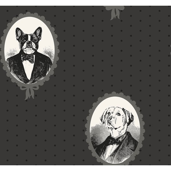 slide 2 of 3, Seabrook Designs Dixie Dog Cameos Unpasted Wallpaper 27 in. W x 27 ft. L - Metallic Charcoal & Inkwell