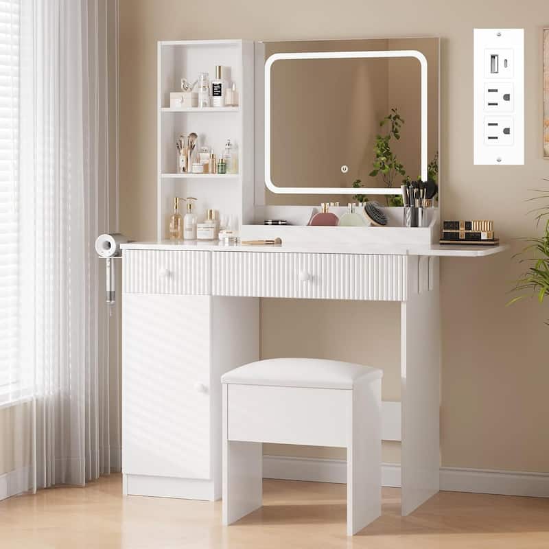 Foldable Panel Makeup Vanity Desk with Lighted Mirror for Compact Space - White