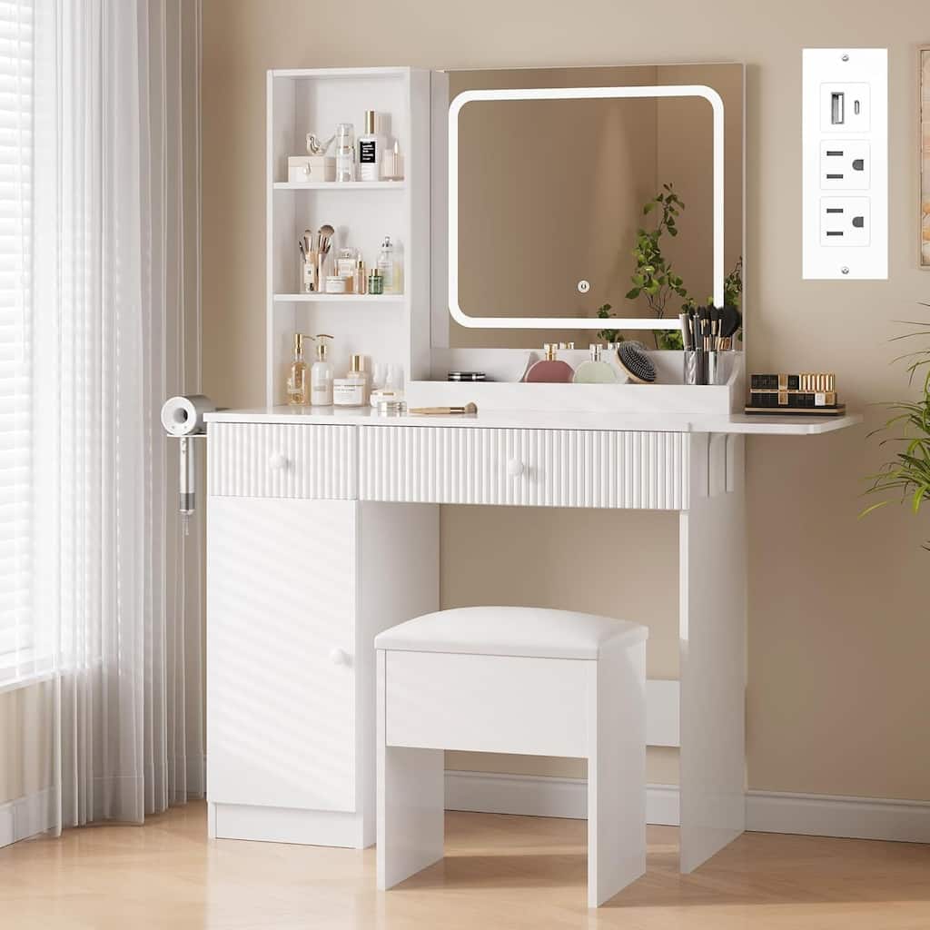 Foldable Panel Makeup Vanity Desk with Lighted Mirror for Compact Space