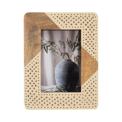 Sagebrook Home Modern Neutral Resin Ivory/Natural Wood and Woven Photo Frame
