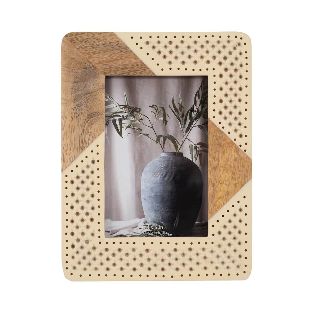 Sagebrook Home Modern Neutral Resin Ivory/Natural Wood and Woven Photo Frame