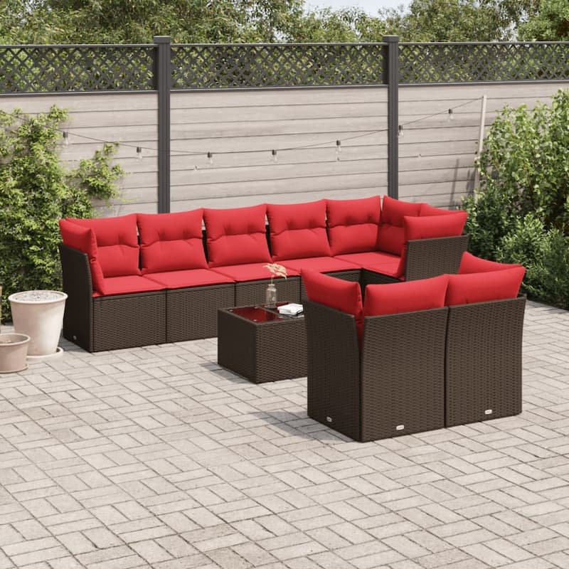 vidaXL 8/9 Piece Patio Sofa Set with Cushions Brown/Gray Poly Rattan - 21.7 x 24.4 x 27.2