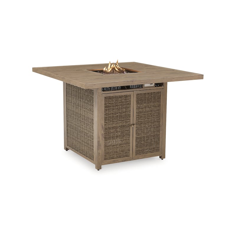 Signature Design by Ashley Walton Bridge Driftwood Outdoor Bar Table with Fire Pit - 55.75" W x 55.75" D x 39.13" H