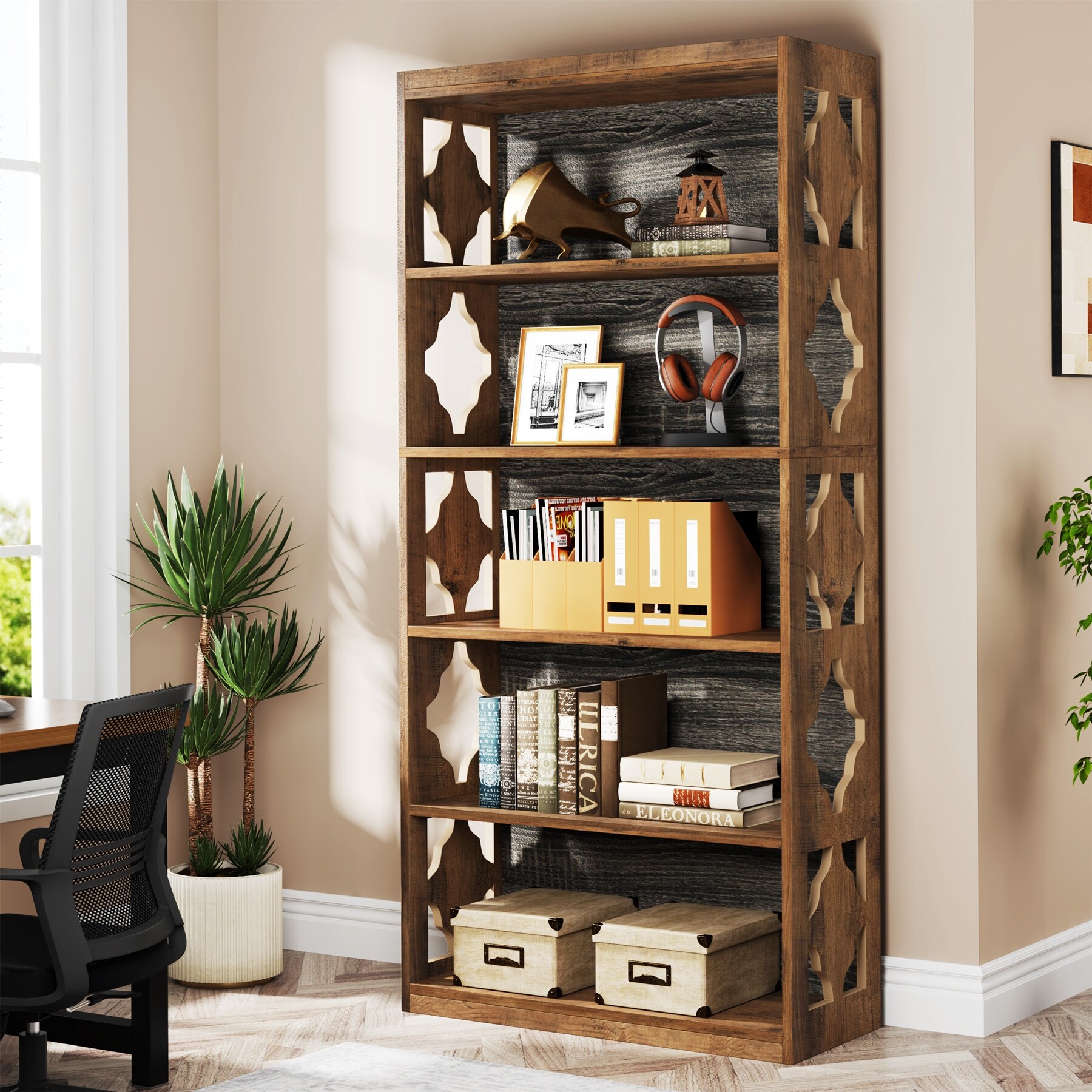 6-Tier Rustic Bookshelf, 70-Inch Wooden 5 Shelf Bookcase - 11.81