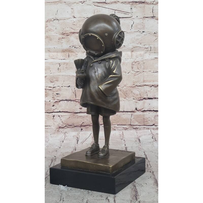Space Girl And Bird After Banksy - Bronze Sculpture Statue On Marble Base