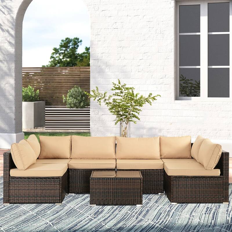 7-Piece Wicker Patio Conversation Set with Cushions