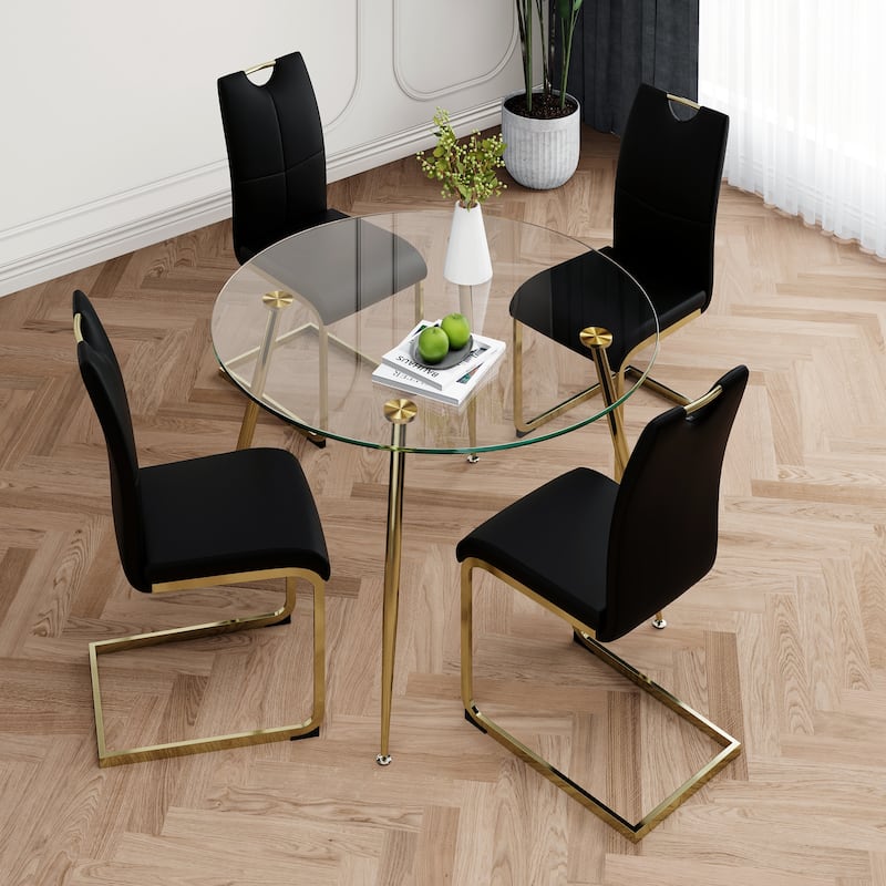 47.2" Luxury Glass Dining Table Set for 4, Circle Kitchen Table with 4 PU Chairs, 5-Piece Modern Dining Table and Chair Set