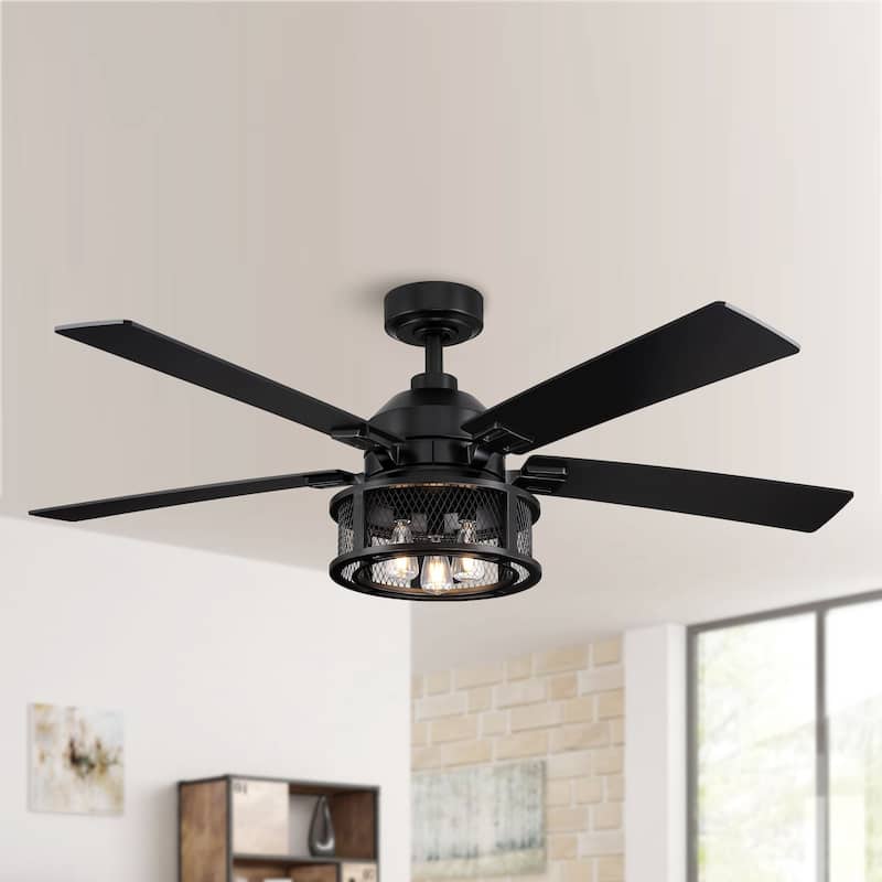 52" Industrial Reversible Wood 5-Blade Black Ceiling Fan with Light and Remote