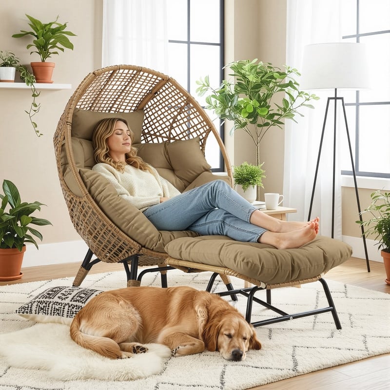 Outdoor Wicker Egg Chair with Ottoman, 6.5" Cushions, 440 lb Capacity