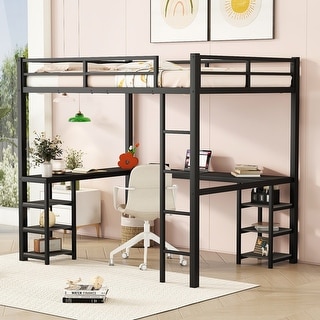 Full Size Metal Loft Bed with Desk, Shelves, Ladder and Guardrails