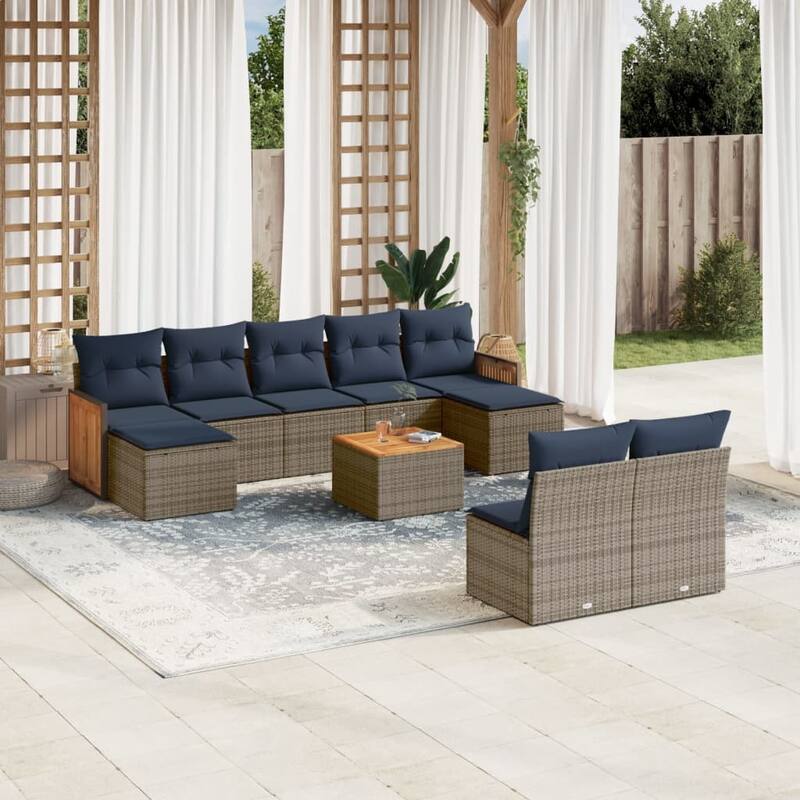 vidaXL 9/10 Piece Patio Sofa Set with Cushions Black/Gray Poly Rattan - 21.7 x 24.4 x 27.2 - Gray With table