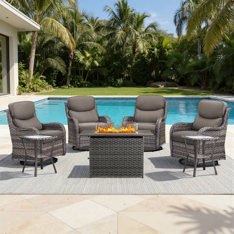 Meyreso 7-Piece Outdoor Patio Wicker Fire Pit 4 person Conversation Set with 5-Inch Thick Cushions