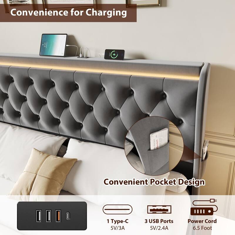 Velvet Upholstered Platform Bed Frame, with LED Lights/Charging Station/Wingback Headboard