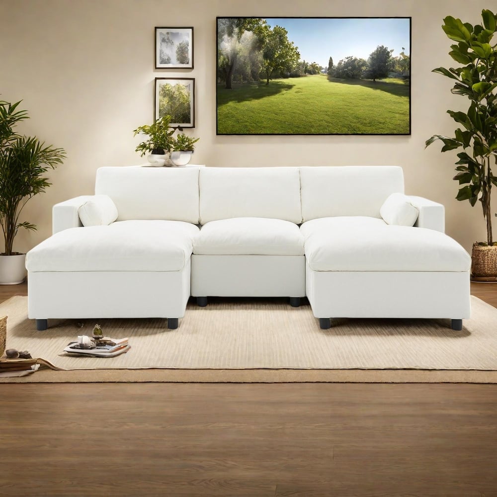 86.5" Chenille Modular Sectional Sofa with Storage Pockets, 5-Seater U-Shaped Couch Set amd 2 Movable Ottomans