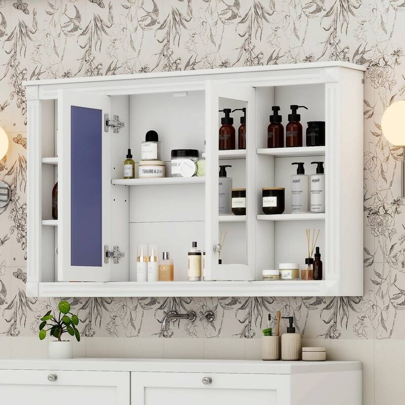 47-Inch Bathroom Mirror Cabinet with Storage, Adjustable Shelf, Open Shelves