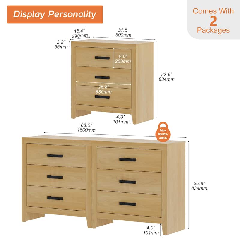 WAMPAT Farmhouse 3-Drawer Dresser, Wooden Chest of Drawers, Modern Storage Organizer & Nightstand for Bedroom, Living Room