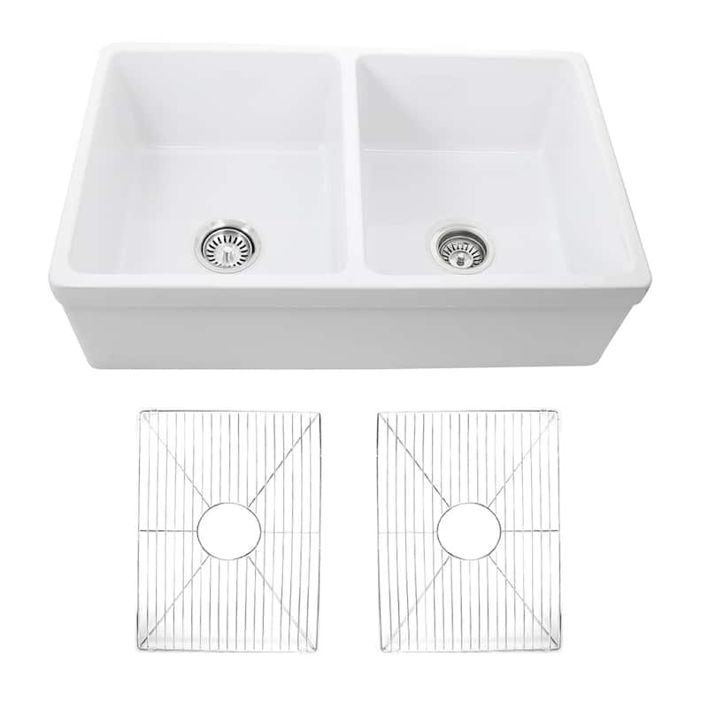 Highpoint Collection 50/50 Farmhouse Sink with Grids and Drains - 33 x 20 x 9.75