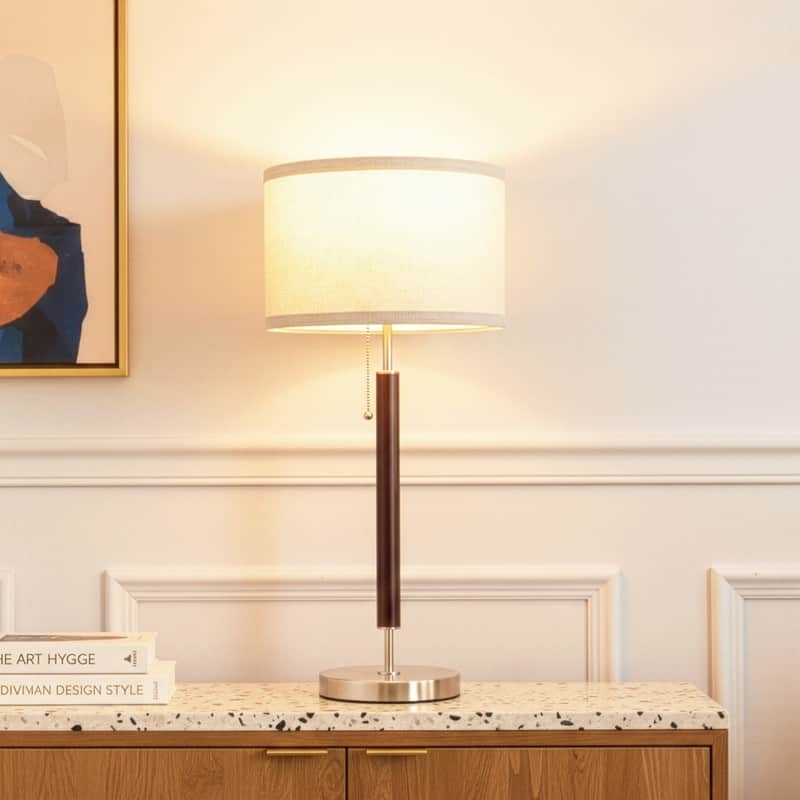 Brightech Carter 26 in. Walnut Brown Mid-Century Modern LED Standard Table Lamp with Beige Fabric Drum Shade