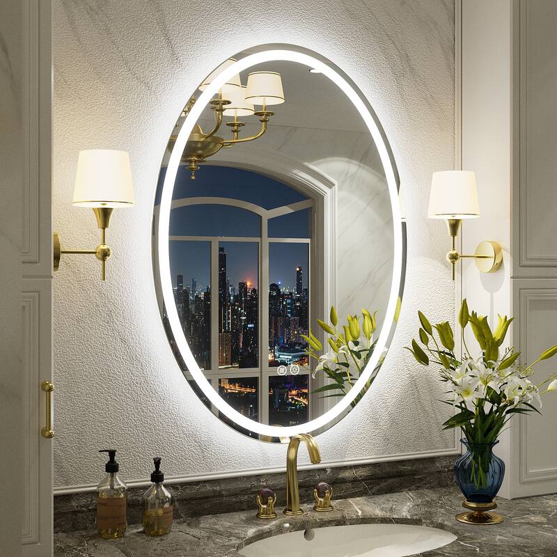 Oval Front & Back LED Lighted Anti-fog Tempered Glass Wall Bathroom Vanity Mirror, 3-Year Warranty & ETL Certification - 28" X 20"