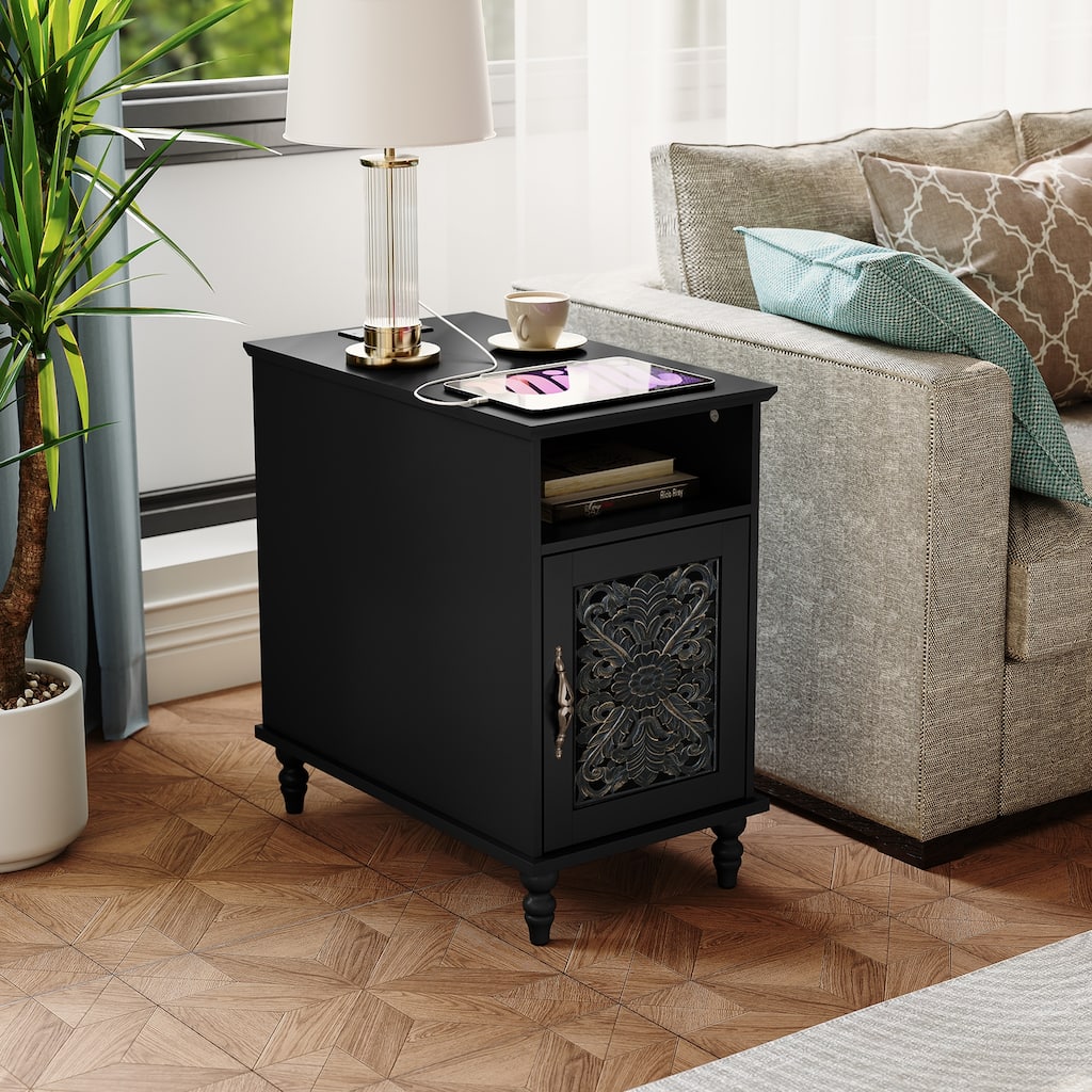 Retro Nightstand with Charging Station & Hand-Carved Door
