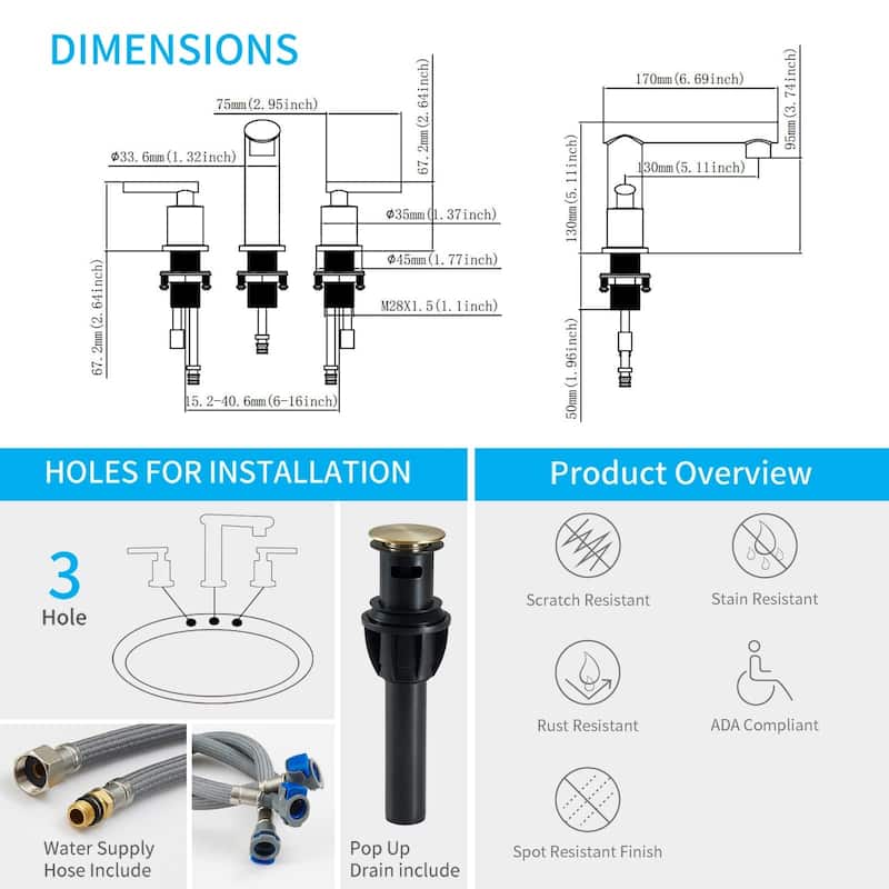 3 Holes Widespread Bathroom Sink Faucet Stainless Steel Bathroom Faucet with Pop Up Drain Vanity Tap with Dual Handles