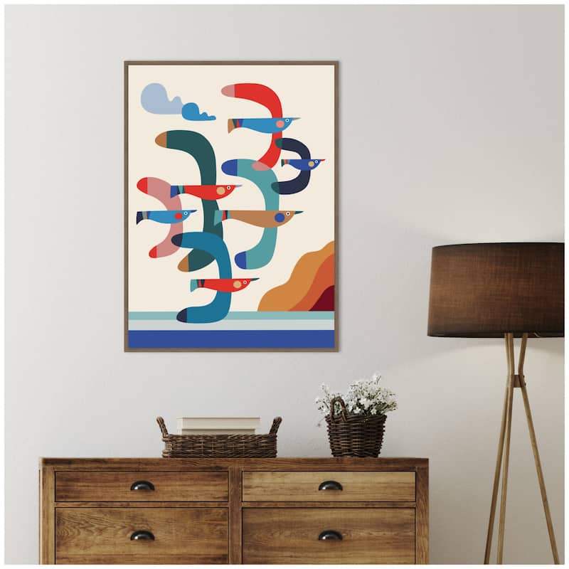 Kate and Laurel Seagulls Coastal Vibes by Rachel Lee Framed Canvas Wall Art Print