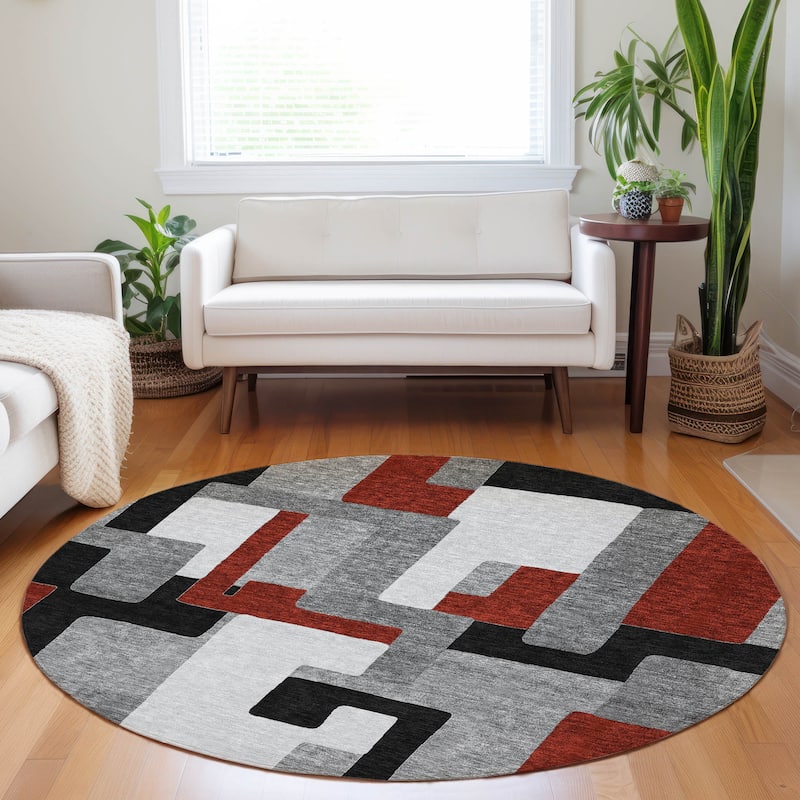 Machine Washable Indoor/ Outdoor Contempoary Blocks Chantille Rug