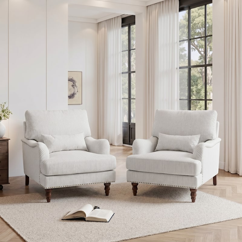 Set of 2 Mid Century Chenille Upholstered Accent Chairs - Chenille - Pinstripe Grey