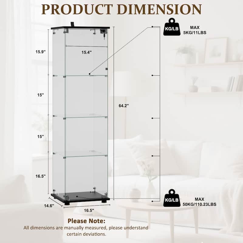 4-Shelf Glass Display Cabinet with Lock, 64"H Freestanding Curio Display Showcase for Collectibles