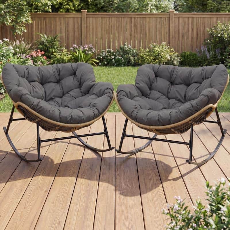 Oversized Indoor Outdoor Royal Papasan Rocking Chair, Patio Egg Rocker with Cushions, 450 lb Capacity - 2 PCS-Grey