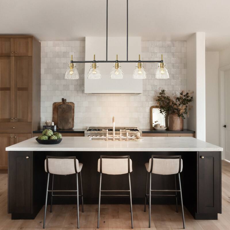 5-Light Modern Industrial Black & Gold Textured Glass Linear Pendant Light- Adjustable Hanging Ceiling Fixture for Dining Room,