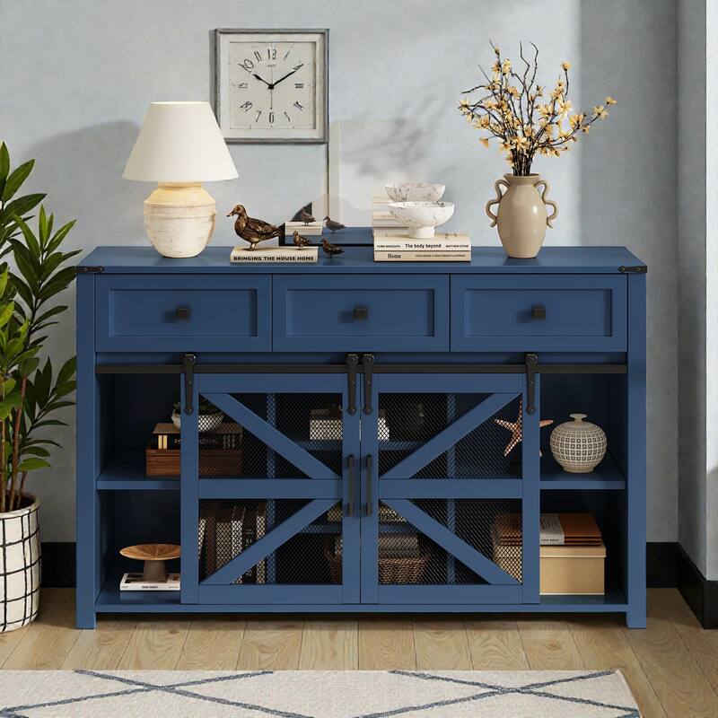 55" Sliding Barn Door Sideboard Buffet with 3 Drawers, Adjustable Shelves, Metal Mesh Doors & Aluminum Handles - Navy Blue