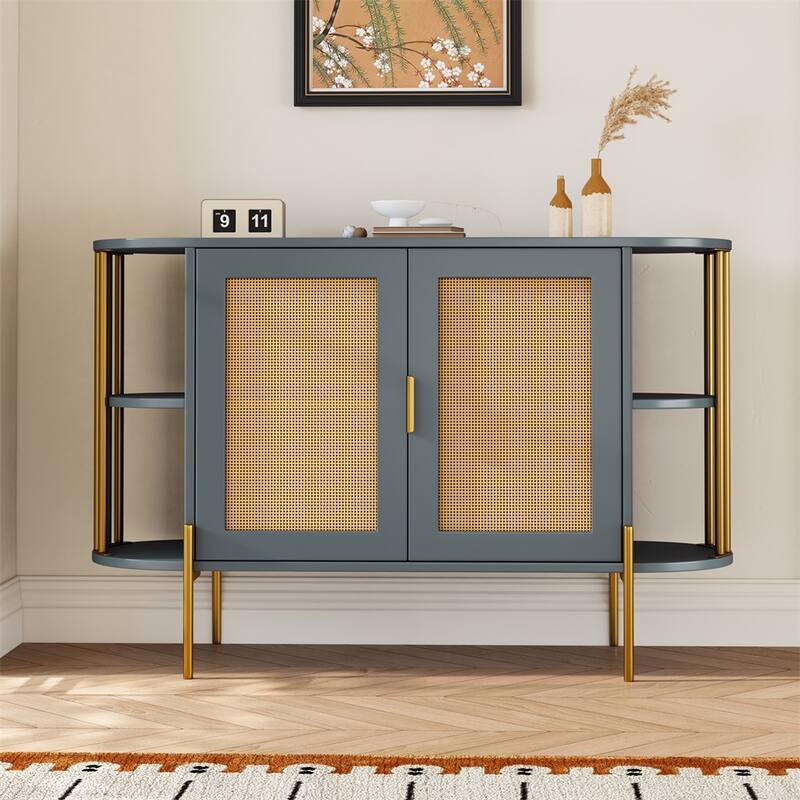 2 Door Wood Curved Cabinet with Gold Trim and Doors
