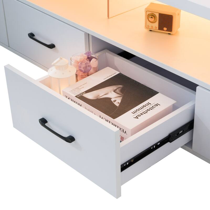 Modern TV Stand Entertainment Center for TVs up to 80" with 4-Drawer and 2 Open Shelves, for Living Room, White