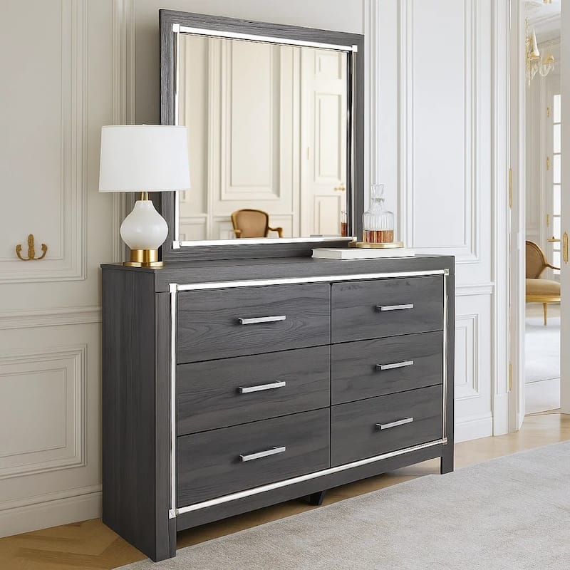 Leva 2pc Dresser and Mirror Set, 6 Drawers w Chrome Handles, Dark Gray