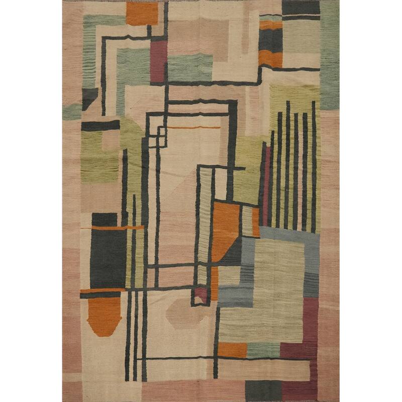 Hand Woven Oriental 100% Wool Carpet Southwestern Modern Multi-Colored Kilim Area Rug - 8' 7'' X 6' 9''