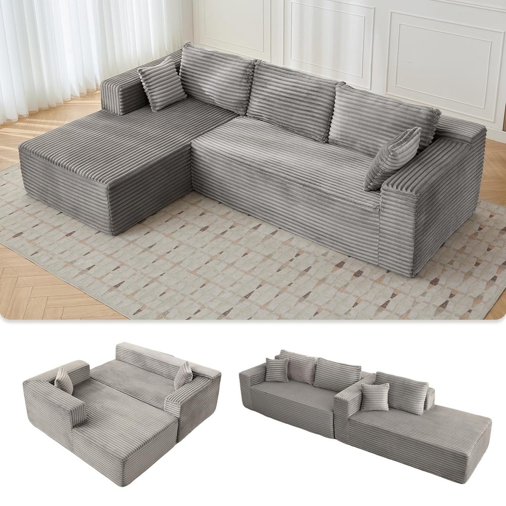 Modular L Shaped Sectional Sofa with Chaise Lounge, Corduroy Upholstered Boneless Sleeper Sofa, Compression Sofa with Deep Seat