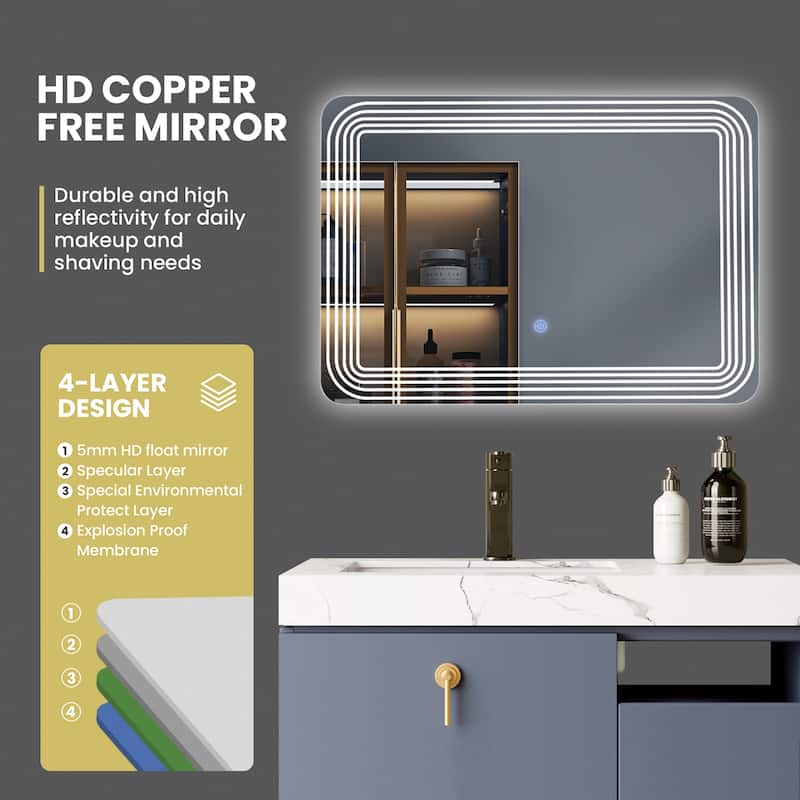 Costway Rectangle Bathroom LED Mirror Wall Mounted 3-Color Dimmable - 28''x20''x1''